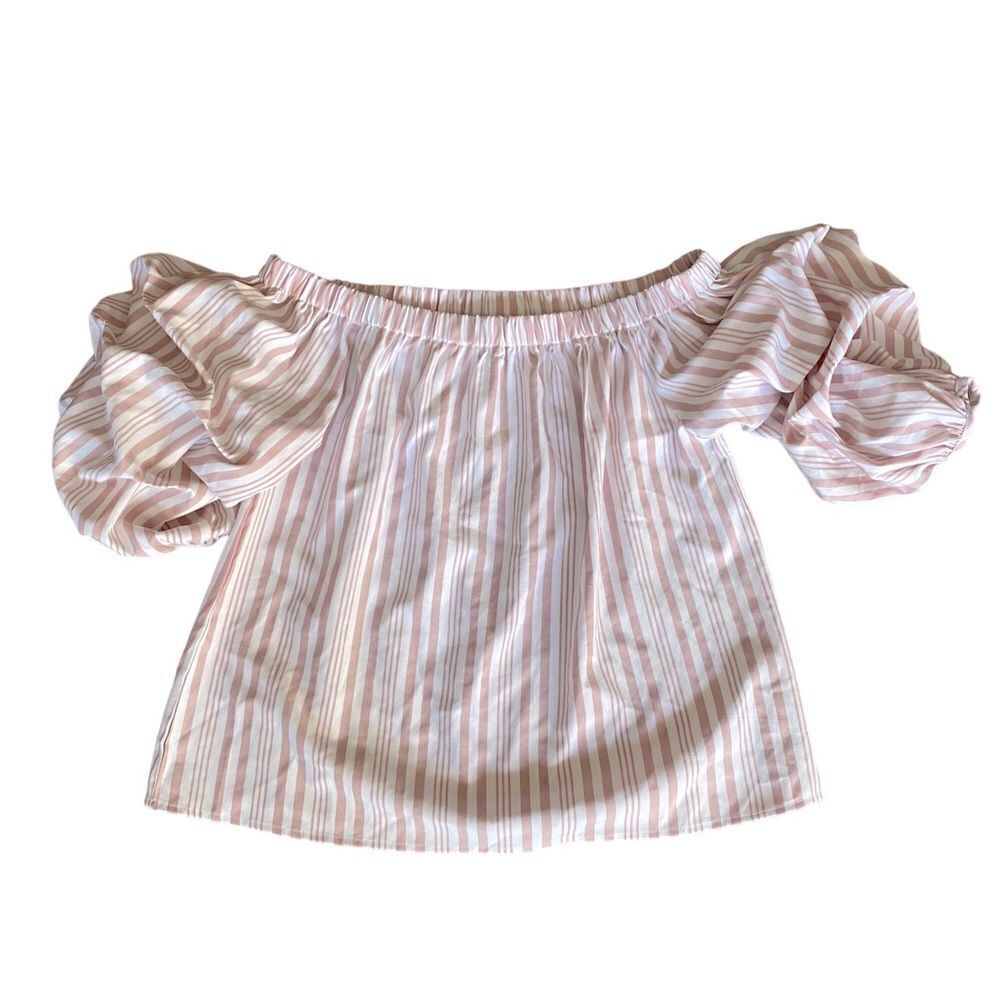 She + Sky Off The Shoulder Pink and Ivory Striped Top